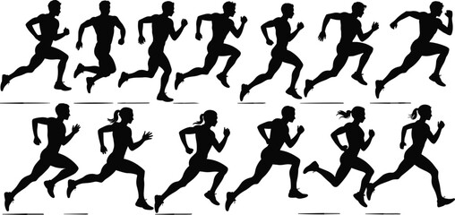 Running silhouette vector illustration, black male and female athlete icons, sprint motion sequence, sports posture design, fitness movement graphic, white background