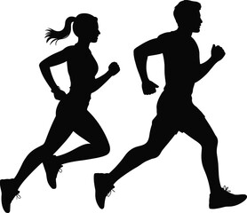 Running silhouette vector, athletic man and woman jogging, fitness motion graphic, black sportswear clipart, dynamic exercise pose, health activity illustration