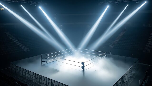 Illuminated boxing ring with spotlights creating a dramatic atmosphere