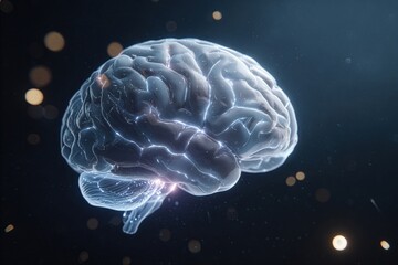 3D rendering of a brain with glowing lines and particles in a dark space showing concepts of thought and intelligence