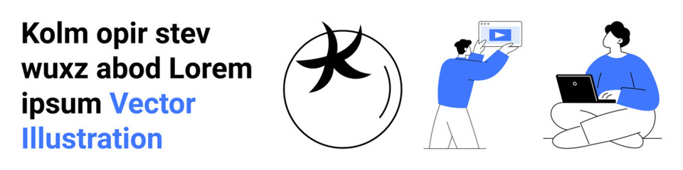 Minimalistic design with two people using a laptop and tablet, featuring an abstract graphic. Ideal for teamwork, collaboration, education, content creation, media sharing, technology, simple landing