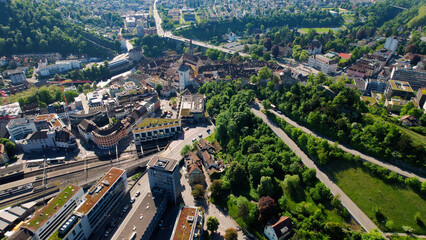 An aerial panoramic view around the old town in the city Baden in Switzerland on a sunny day in summer