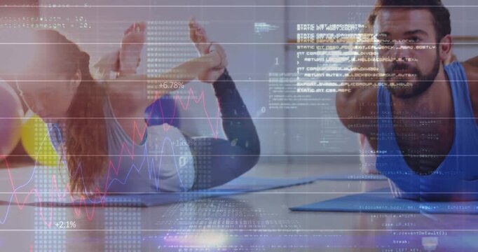 Male participant in blue tank top initiating backbend on yoga mats, HUD charts syncing for fitness