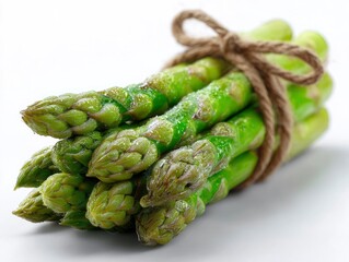 Asparagus bundle tied with string green stalks and tips wet look