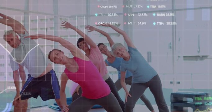 Instructor cueing lateral stretches to guide timing, class mirroring while charts intensifying