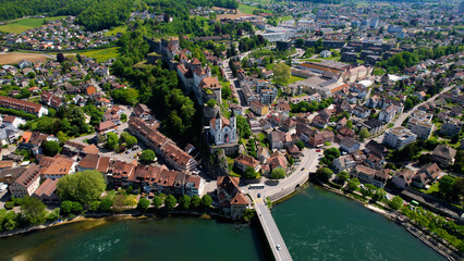 An aerial panoramic view around the old town in the city Aarburg, in Switzerland on a sunny day in summer
