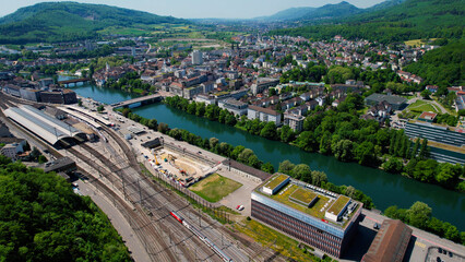 An aerial panoramic view around the old town in the city Olten, in Switzerland on a sunny day in summer