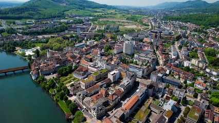 An aerial panoramic view around the old town in the city Olten, in Switzerland on a sunny day in summer