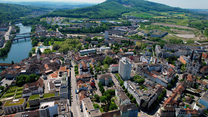 An aerial panoramic view around the old town in the city Olten, in Switzerland on a sunny day in summer