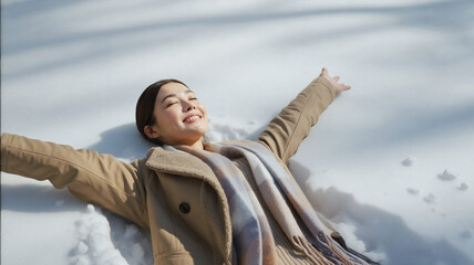 雪の中で寝転ぶ女性のリラックスした笑顔　Generative AI