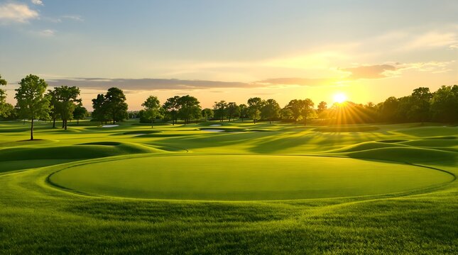 Photoreal golf course at sunrise