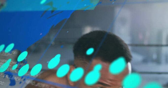 Camera cutting closeup boxer throwing punches while blue wraps and metrics overlay tracking sports