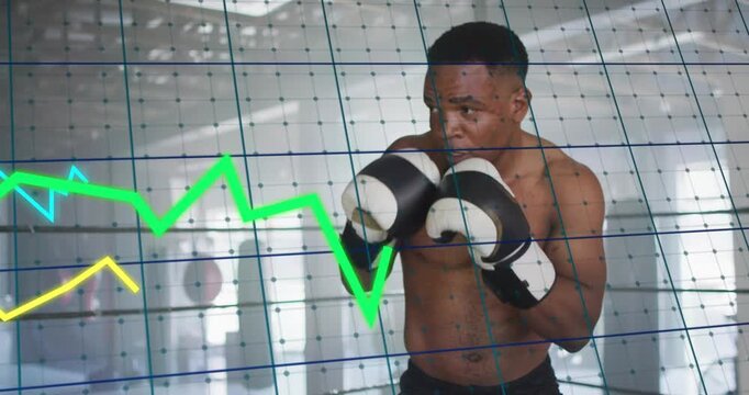 Boxer starting training, throwing jabs, guarding, grid and graphs crossing gloves for performance