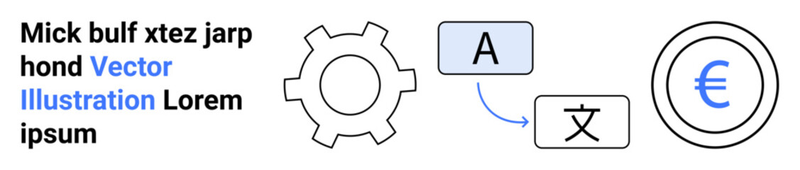 Gear, translation icons with letters, and currency symbol linked visually. Ideal for language tools, globalization, localization, business, AI, fintech simple landing page