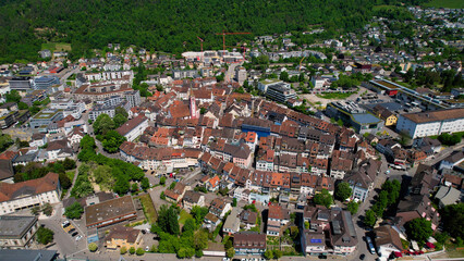 An aerial panoramic view around the old town in the city Liestal, in Switzerland on a sunny day in summer
