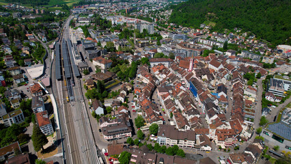 An aerial panoramic view around the old town in the city Liestal, in Switzerland on a sunny day in summer
