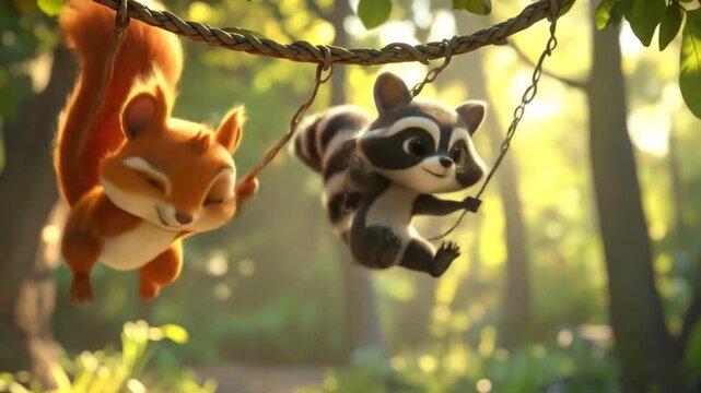 Animated squirrel and raccoon swinging