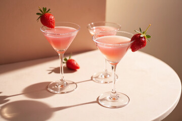 Modern still life with pink martini, flat lay, alcoholic cocktail, strawberry on elegant modern background with long shadows, minimal concept for bar and holiday party, cafe, advertising banner.