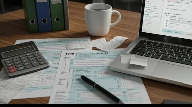 Annual Tax Preparation: Desk with US Tax Forms, Calculator, Laptop, and Coffee for Financial Planning and Accounting in Home Office
