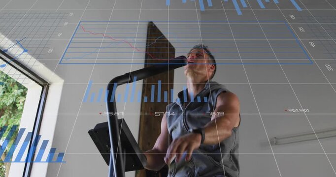 Mid-adult man reaching console and pedaling on stepper, HUD graphs tracking fitness while slowing