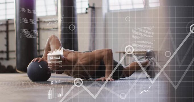 Male athlete starting plank, doing med-ball push-ups, challenging core with fitness charts growing
