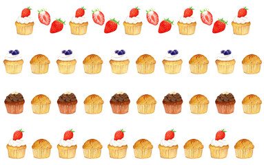 手描き水彩のカップケーキセット｜いちご・ブルーベリー・チョコのデザートイラスト 4本セット