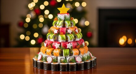 Creative sushi Christmas tree arranged with colorful rolls