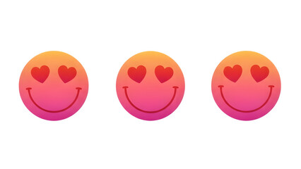 Three colorful heart eyes smiley faces in a row isolated on transparent background