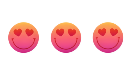 Three colorful heart eyes smiley faces in a row isolated on transparent background