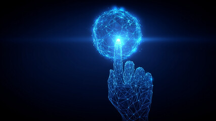 A digital hand touching a virtual sphere symbolizing global interconnection and advanced technological interaction.
