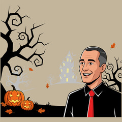 Flat Vector Illustration of a Happy Man in Business Casual Attire Celebrating Halloween in a Spooky Outdoor Setting