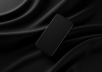 Modern Smartphone with Black Screen on Black Satin Fabric Background