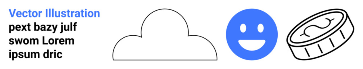 Data , financial transactions, emotions, weather, communication, graphic design. Cloud shape, blue happy face and outlined coin with a currency sign. Weather and financial transactions concepts