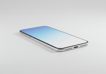 Modern Smartphone with Blue Screen Lying Flat on White Surface