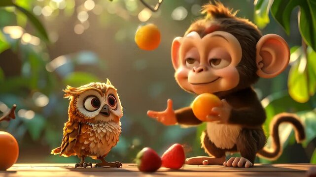 Cute monkey playing with owl