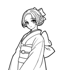 Anime-style coloring illustration of a girl wearing a kimono