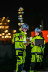 Empowering the future of energy with smart industrial solutions. Dedicated experts ensuring safety and efficiency in global sustainable power generation. Two industrial engineers wearing safety gear.