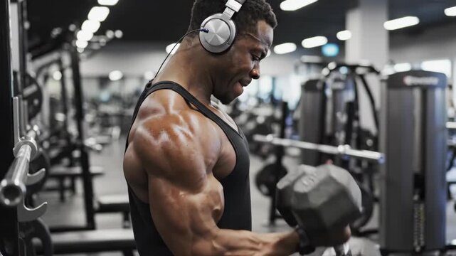 Muscular Man With Headphones Lifts Dumbbell In Gym Focusing On Bicep Curl Workout
