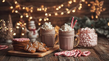 Festive Christmas sweets table with hot cocoa, gingerbread men, cookies and candy canes, cozy winter holiday baking background