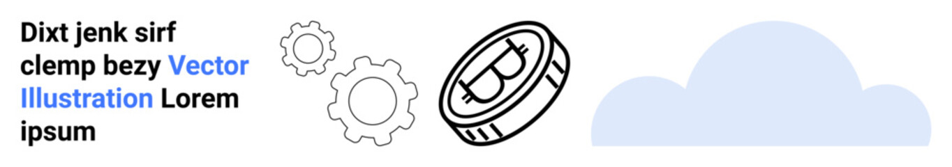 Cryptocurrency, blockchain, digital finance, technology, cloud computing, innovation. Bitcoin coin alongside gear icons and a cloud shape. Cryptocurrency and blockchain concept