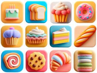 Collection of Delightful 3d Pastel Bakery and Pastry Icon Illustrations
