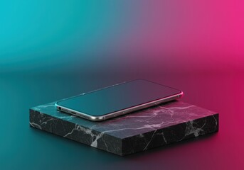 Modern Smartphone with Reflective Screen Resting on Black Marble Platform in Colorful Gradient Background