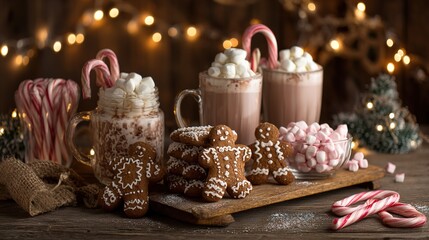 Christmas hot chocolate bar with gingerbread cookies, marshmallows and candy canes on wooden table, festive winter drink and dessert background