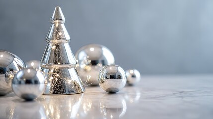 Silver glass Christmas tree and baubles on marble surface with soft blue background, elegant winter holiday luxury backdrop for branding and invitations