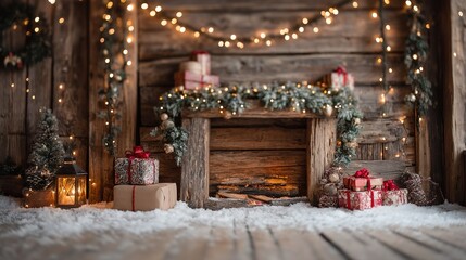 Rustic Christmas cottage background with wooden wall, fireplace, garlands and wrapped gifts, cozy winter holiday scene