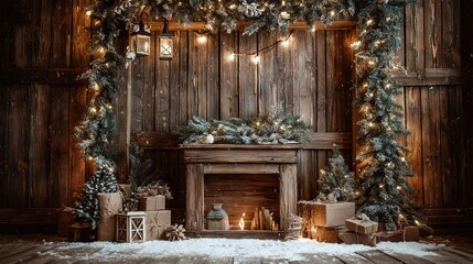 Rustic wooden Christmas mantel with garlands, lanterns and snowy trees, warm farmhouse winter holiday backdrop