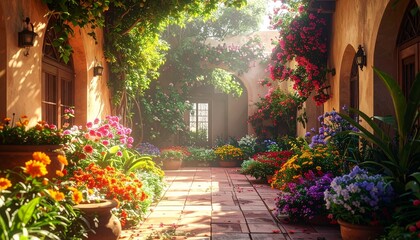Obraz premium A picturesque sun-drenched garden courtyard bursts with vibrant flowers, creating a serene and enchanting Mediterranean escape