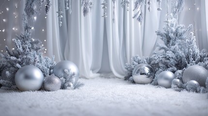 White and silver Christmas backdrop with snowy ground, frosted trees and large baubles, elegant winter holiday studio background