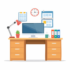 Organized Desk with Computer Lamp and Calendars in a Flat Vector Style.