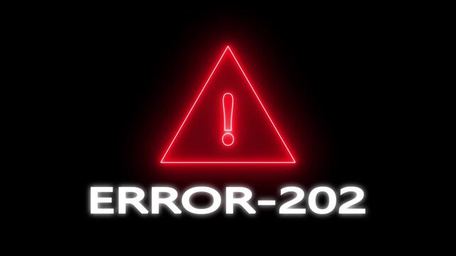 Exclamation mark warning symbol inside triangle frame with text ERROR- 202 on black background alert. Glowing Neon Exclamation Mark Warning Sign with ERROR-202 Text